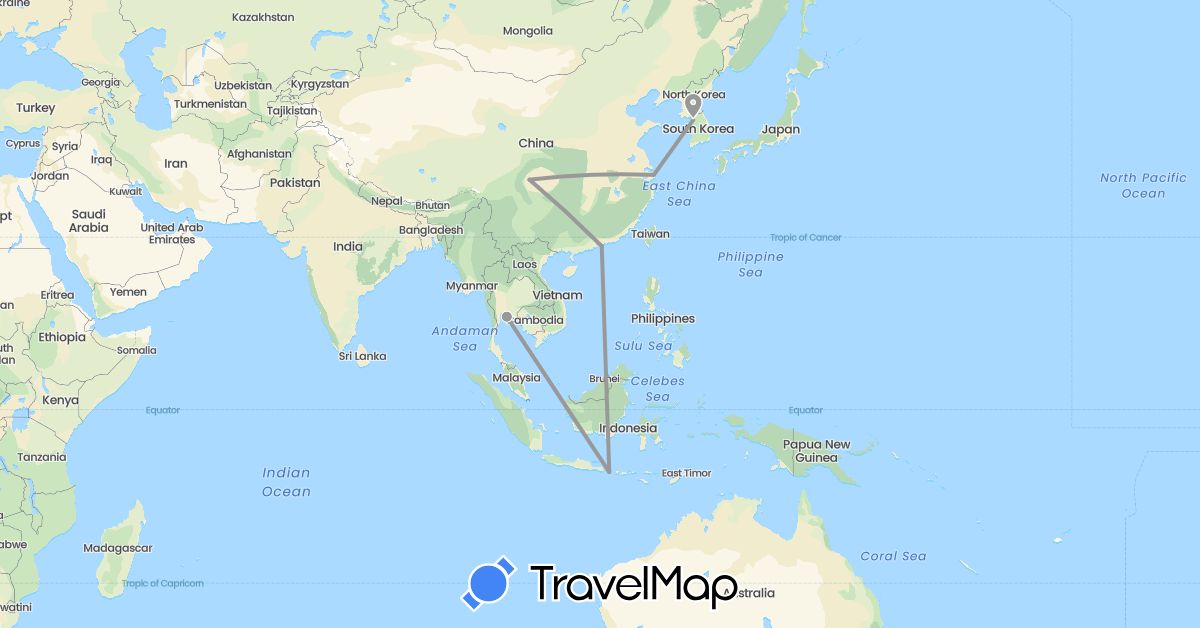 TravelMap itinerary: driving, plane in China, Indonesia, South Korea, Thailand (Asia)